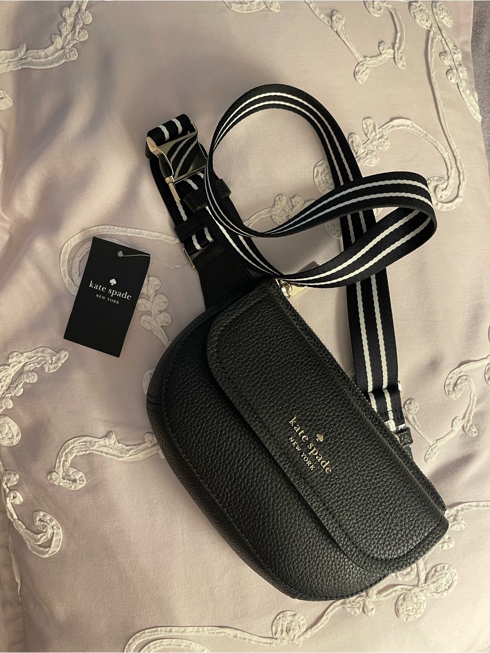 kate spade black pebbled leather crossbody with striped strap